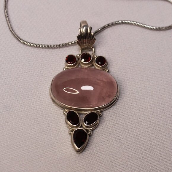 Sterling Silver Rose Quartz Gemstone and Red Glass Stone Necklace - Picture 6 of 13